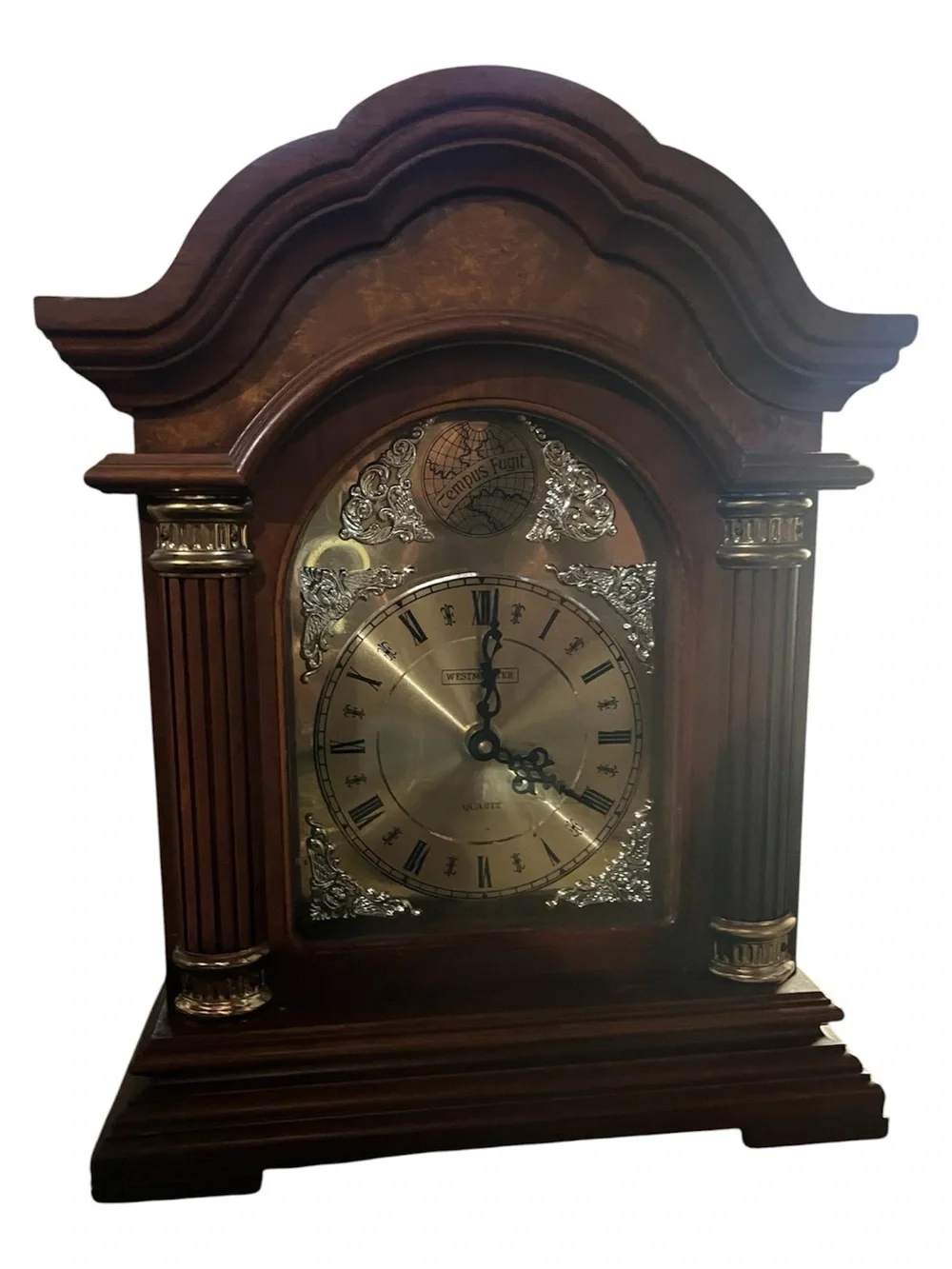 Classic Brown Wooden Mantel Clock with Gold-Tone Dial
